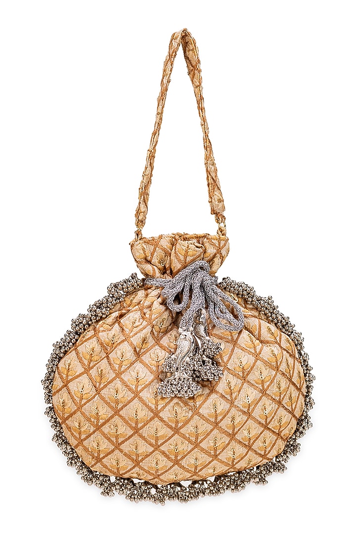 Gold Brocade Criss-Cross Pattern Potli Bag by 5 Elements at Pernia's Pop Up Shop