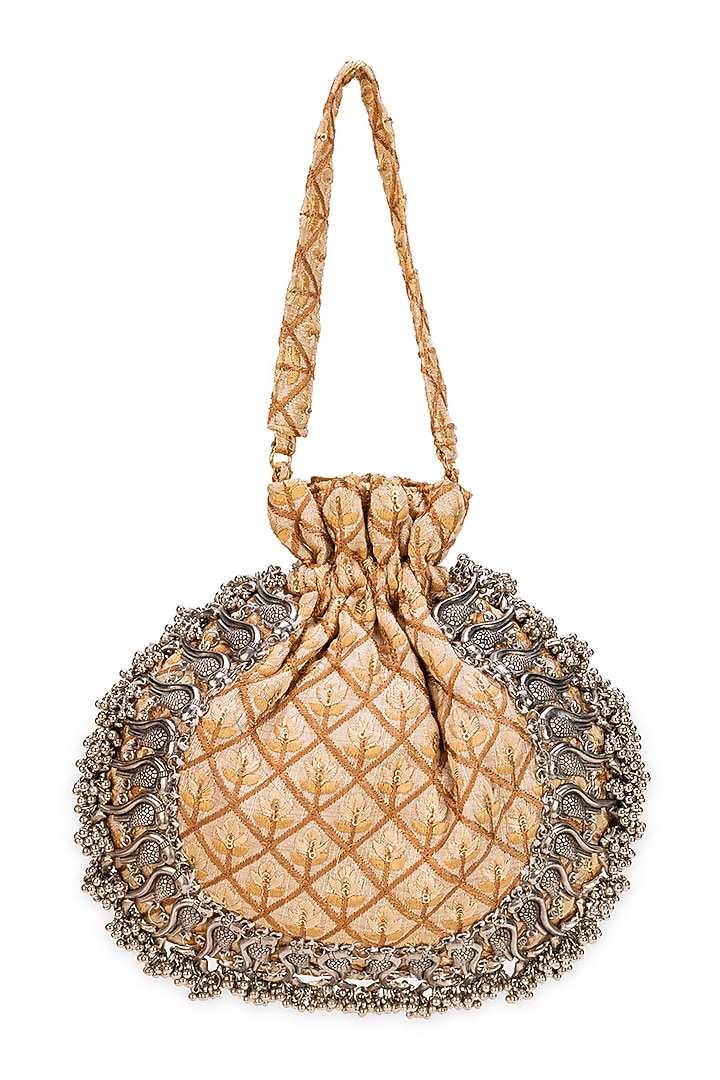 Gold Brocade Criss-Cross Pattern Potli Bag by 5 Elements at Pernia's Pop Up Shop