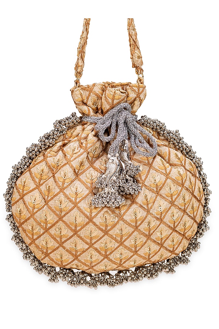 Gold Brocade Criss-Cross Pattern Potli Bag by 5 Elements at Pernia's Pop Up Shop