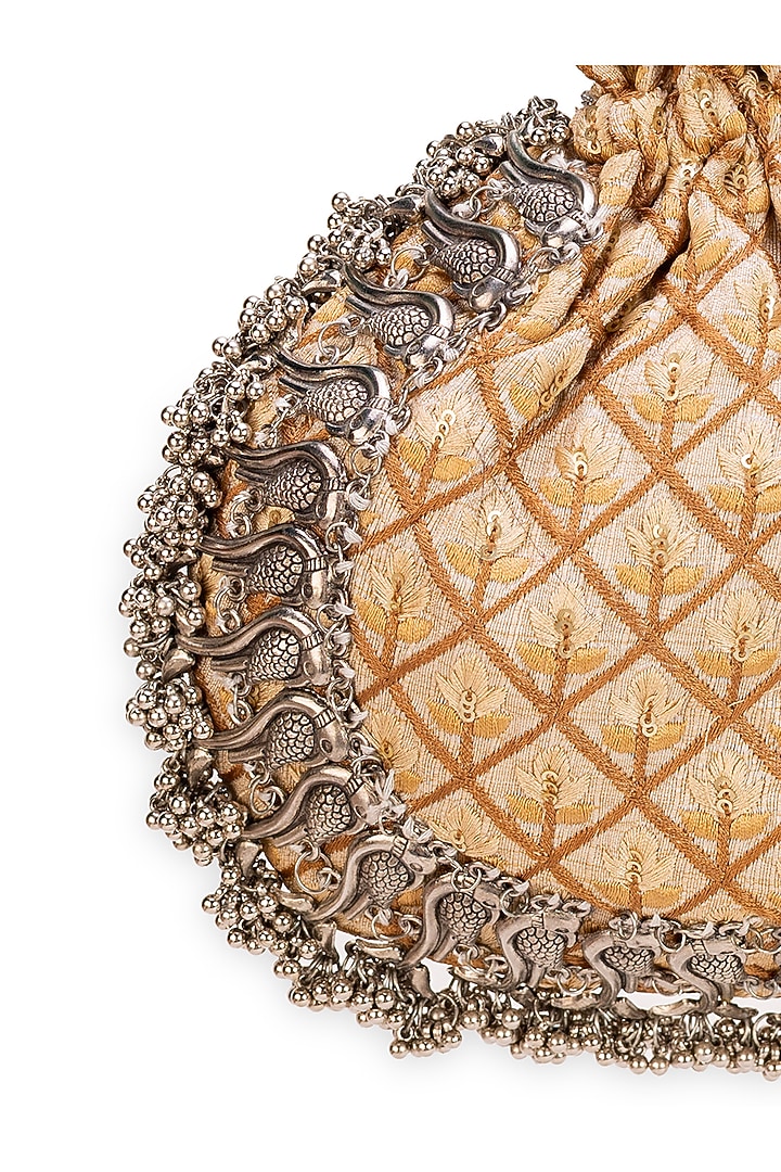Gold Brocade Criss-Cross Pattern Potli Bag by 5 Elements at Pernia's Pop Up Shop