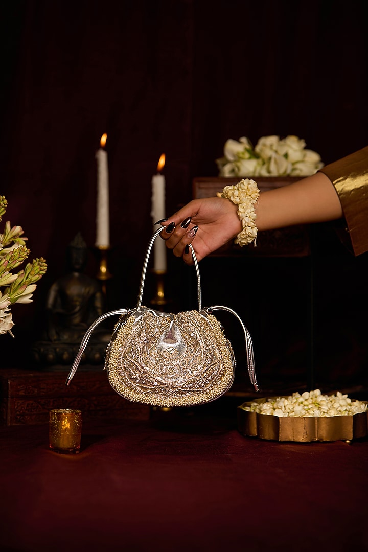 Silver Faux Leather Sequins Embellished Handbag by 5 Elements at Pernia's Pop Up Shop