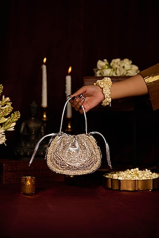 Silver Faux Leather Sequins Embellished Handbag by 5 Elements