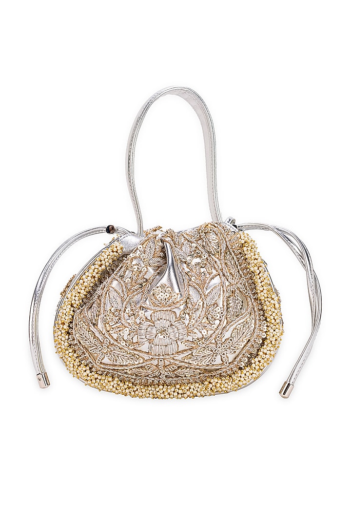 Silver Faux Leather Sequins Embellished Handbag by 5 Elements at Pernia's Pop Up Shop
