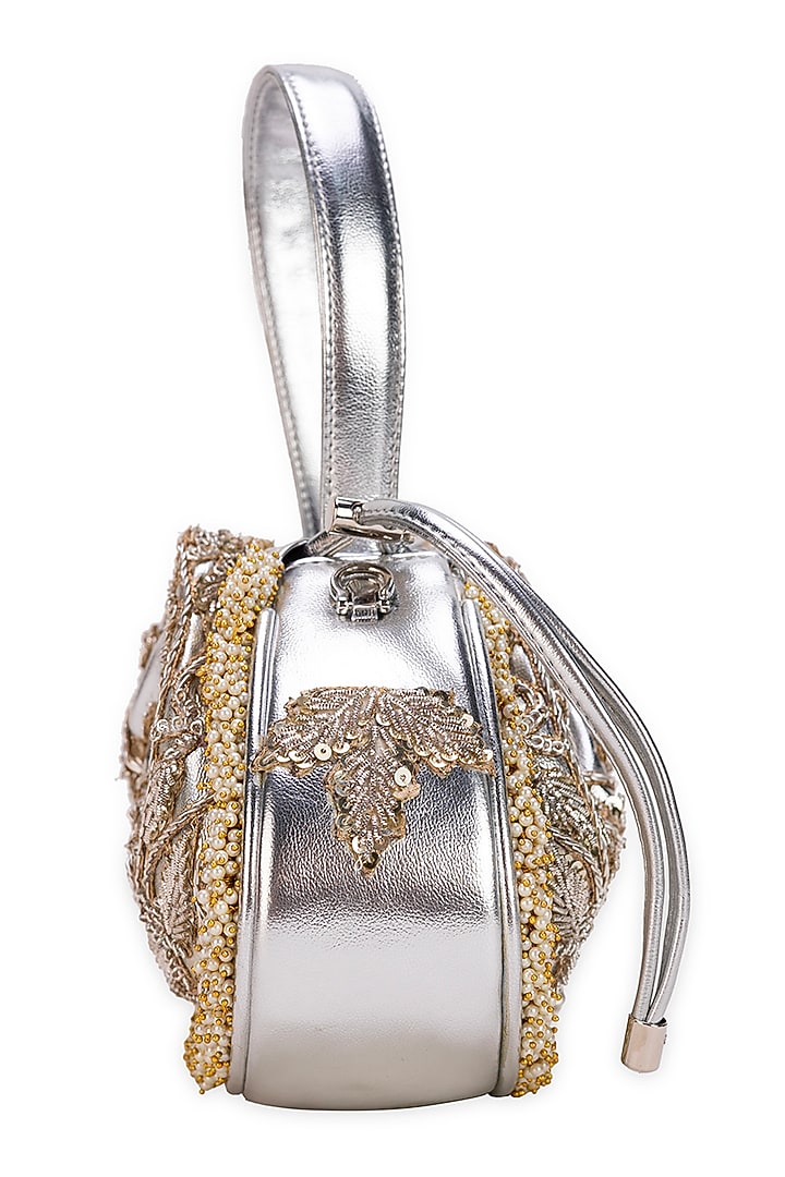 Silver Faux Leather Sequins Embellished Handbag by 5 Elements at Pernia's Pop Up Shop