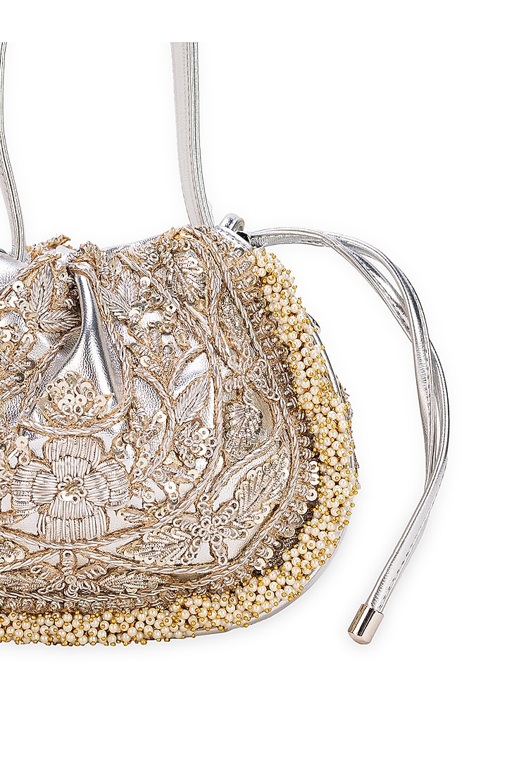 Silver Faux Leather Sequins Embellished Handbag by 5 Elements at Pernia's Pop Up Shop