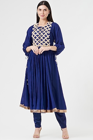 Blue Embroidered Anarkali Set by 5 Elements Apparel