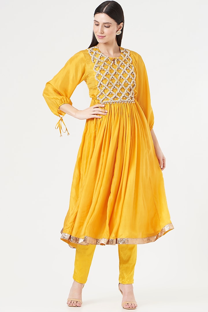 Yellow Embroidered Anarkali Set by 5 Elements Apparel