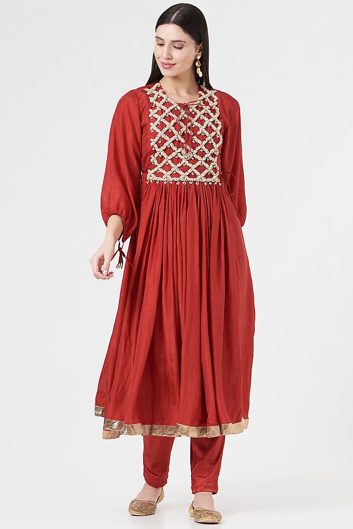Red Embroidered Anarkali Set by 5 Elements Apparel
