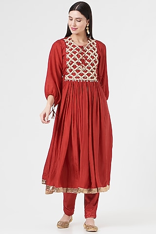 Red Embroidered Anarkali Set by 5 Elements Apparel