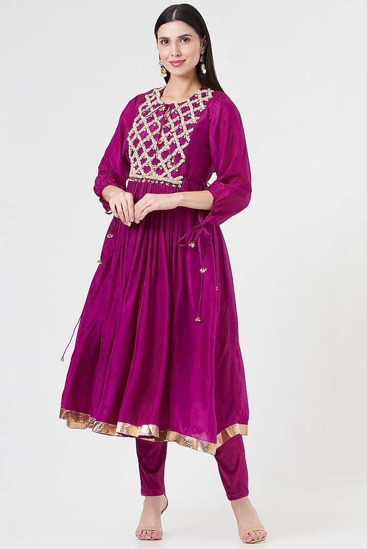 Wine Embroidered Anarkali Set by 5 Elements Apparel