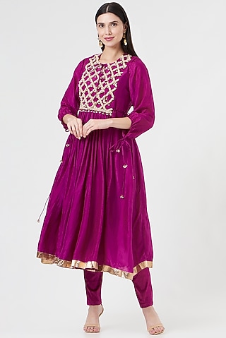 Wine Embroidered Anarkali Set by 5 Elements Apparel
