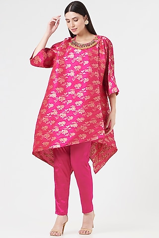 Pink Embroidered & Printed Overlap Top by 5 Elements Apparel