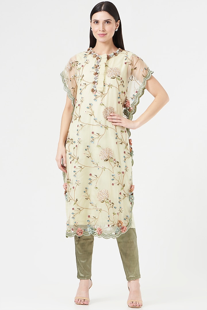 Olive Green Embroidered Kaftan by 5 Elements Apparel