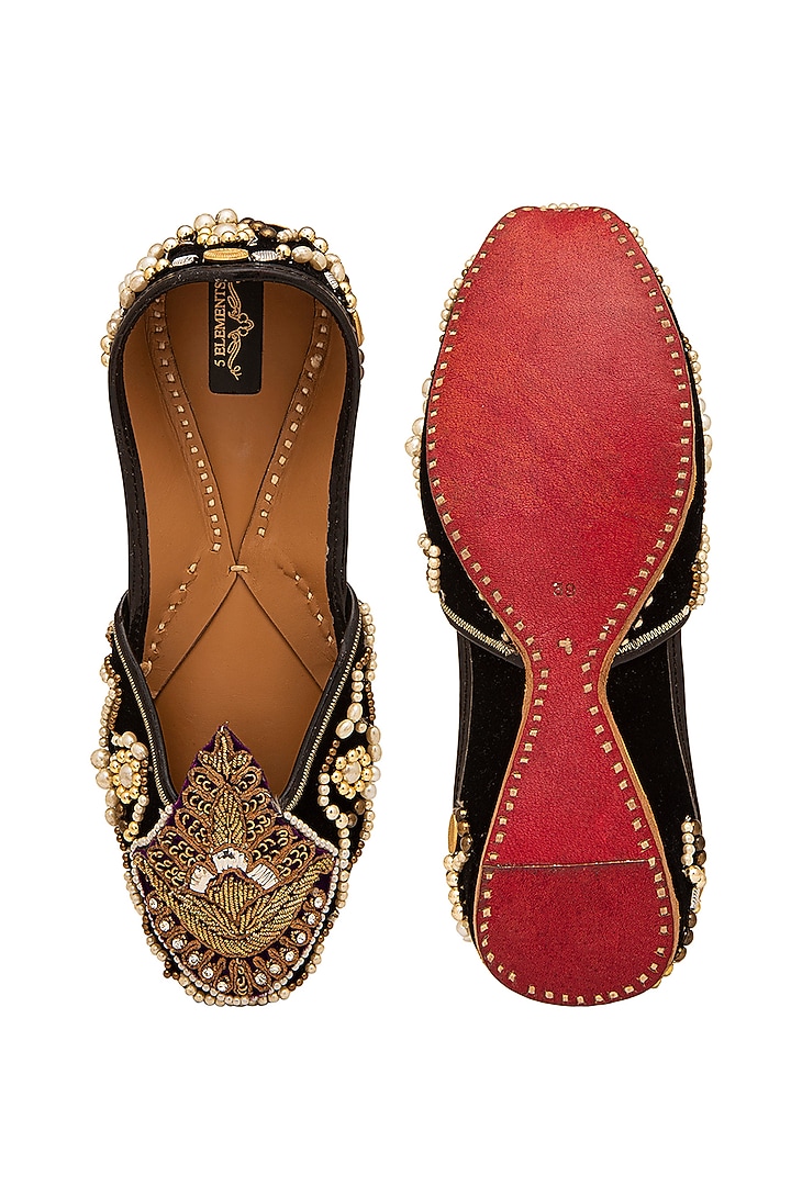 Black Embroidered Juttis by 5 Elements at Pernia's Pop Up Shop