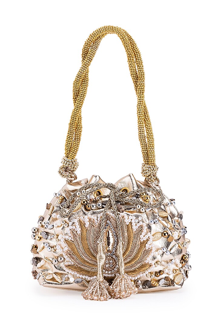 Gold Leather Pearl & Gota Hand Embroidered Potli by 5 Elements at Pernia's Pop Up Shop