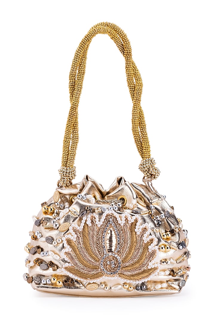 Gold Leather Pearl & Gota Hand Embroidered Potli by 5 Elements at Pernia's Pop Up Shop