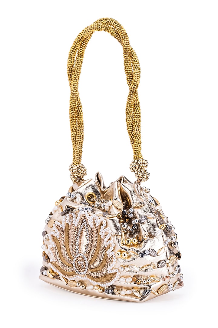 Gold Leather Pearl & Gota Hand Embroidered Potli by 5 Elements at Pernia's Pop Up Shop