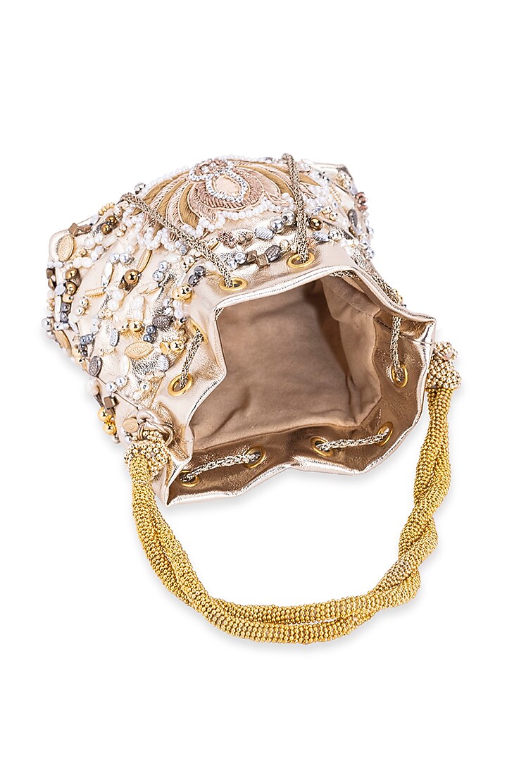 Gold Leather Pearl & Gota Hand Embroidered Potli by 5 Elements at Pernia's Pop Up Shop