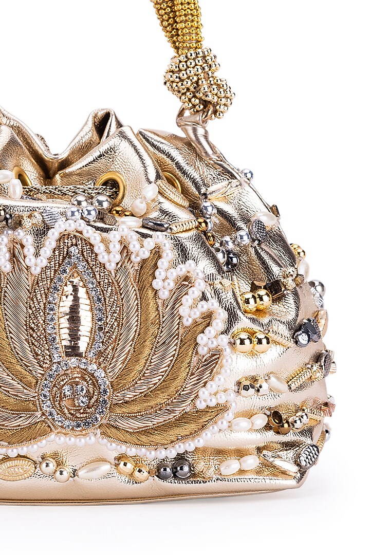 Gold Leather Pearl & Gota Hand Embroidered Potli by 5 Elements at Pernia's Pop Up Shop