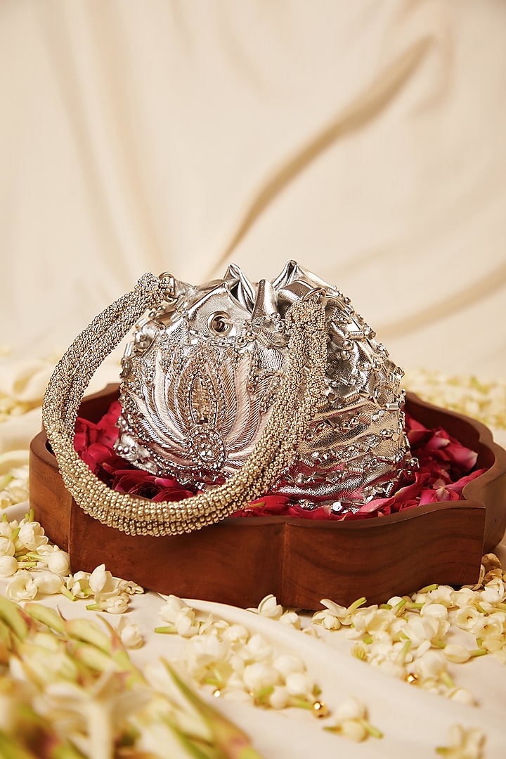 Silver Leather Pearl & Gota Hand Embroidered Potli by 5 Elements at Pernia's Pop Up Shop