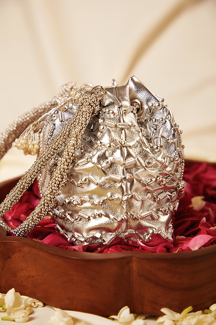 Silver Leather Pearl & Gota Hand Embroidered Potli by 5 Elements at Pernia's Pop Up Shop