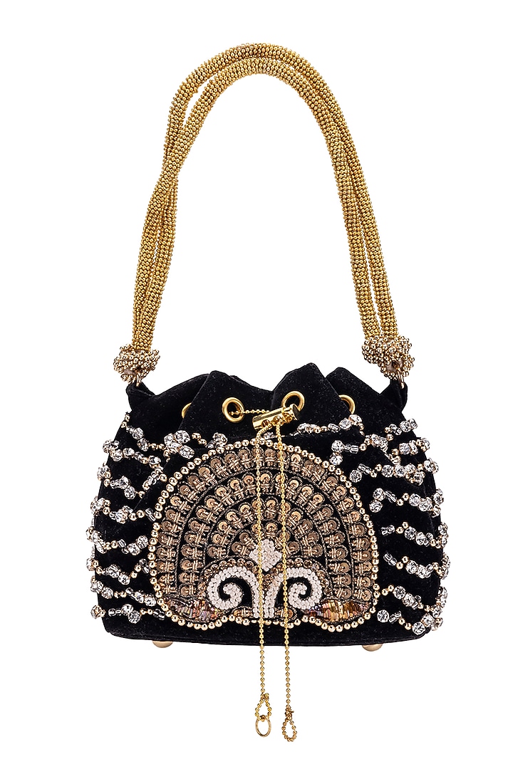 Black Velvet Pearl & Gota Hand Embroidered Potli by 5 Elements at Pernia's Pop Up Shop
