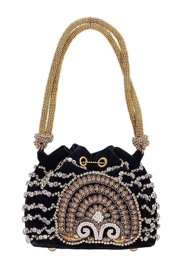 Black Velvet Pearl & Gota Hand Embroidered Potli by 5 Elements at Pernia's Pop Up Shop