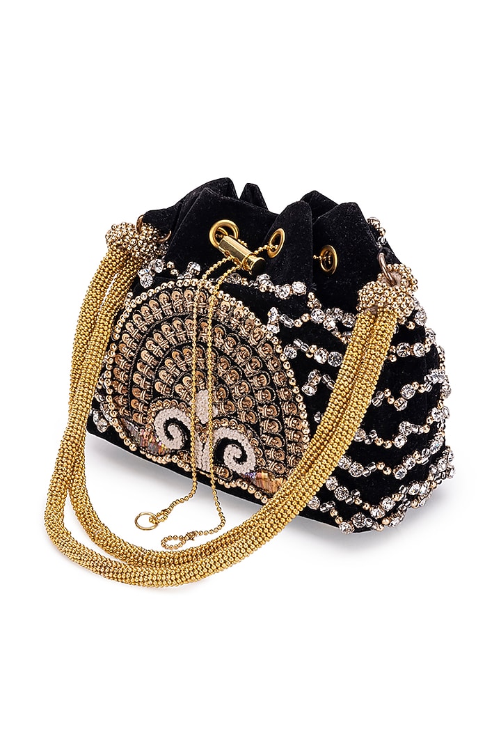 Black Velvet Pearl & Gota Hand Embroidered Potli by 5 Elements at Pernia's Pop Up Shop