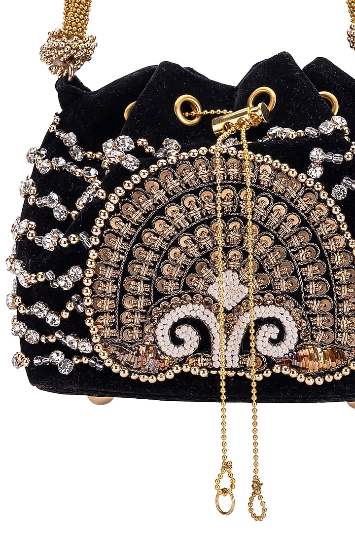 Black Velvet Pearl & Gota Hand Embroidered Potli by 5 Elements at Pernia's Pop Up Shop