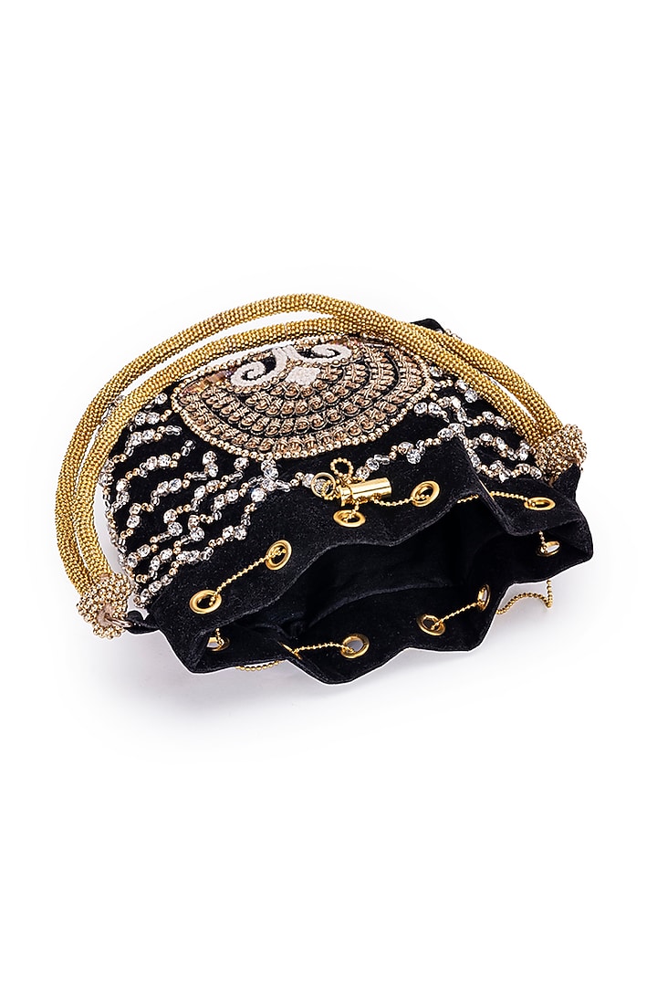 Black Velvet Pearl & Gota Hand Embroidered Potli by 5 Elements at Pernia's Pop Up Shop