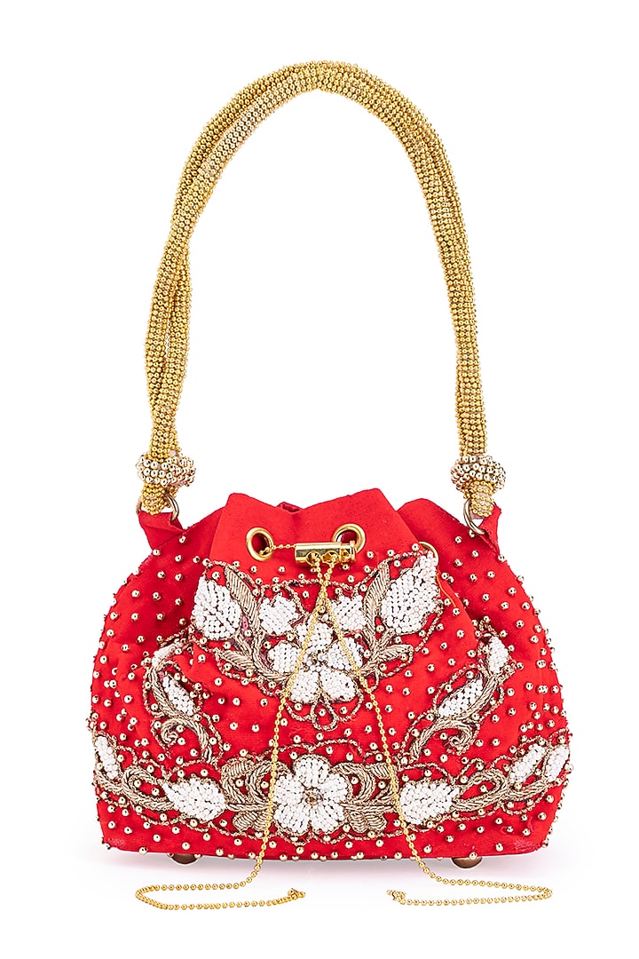 Red Velvet Pearl & Gota Hand Embroidered Potli by 5 Elements at Pernia's Pop Up Shop