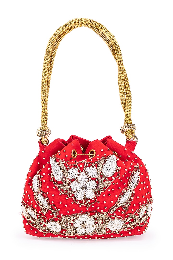 Red Velvet Pearl & Gota Hand Embroidered Potli by 5 Elements at Pernia's Pop Up Shop