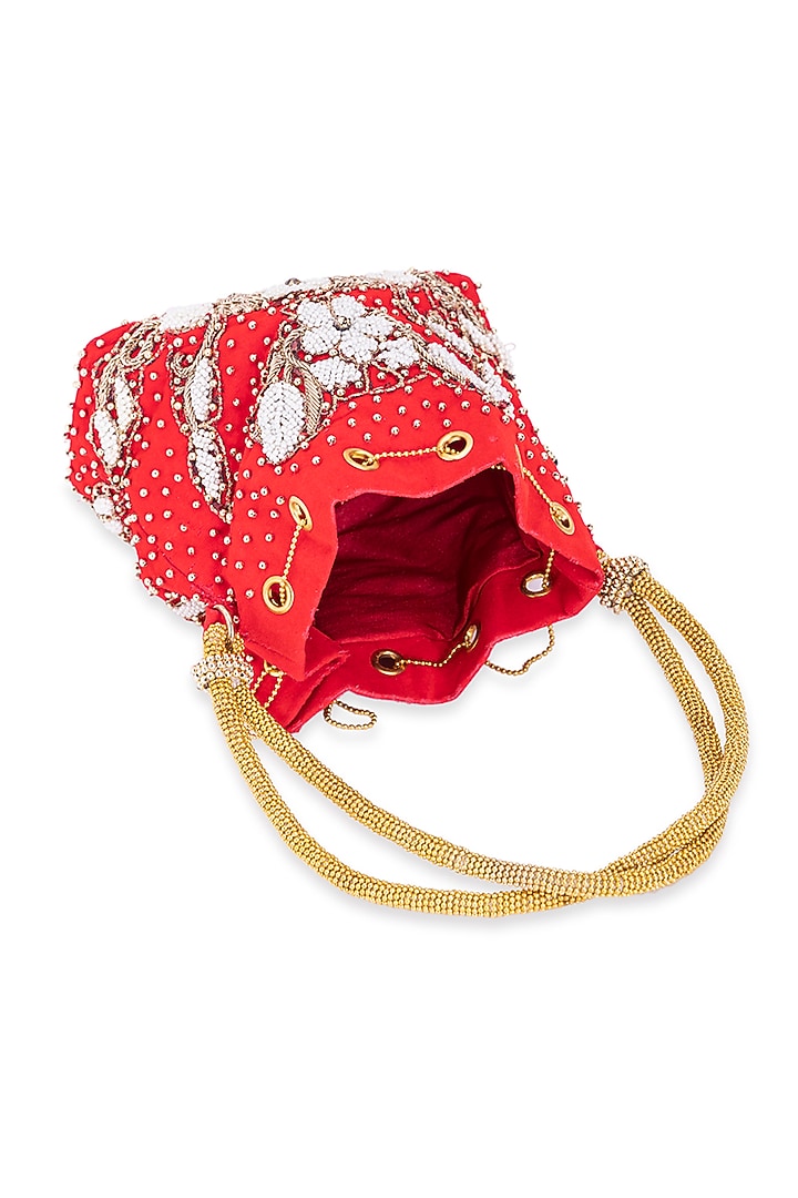 Red Velvet Pearl & Gota Hand Embroidered Potli by 5 Elements at Pernia's Pop Up Shop