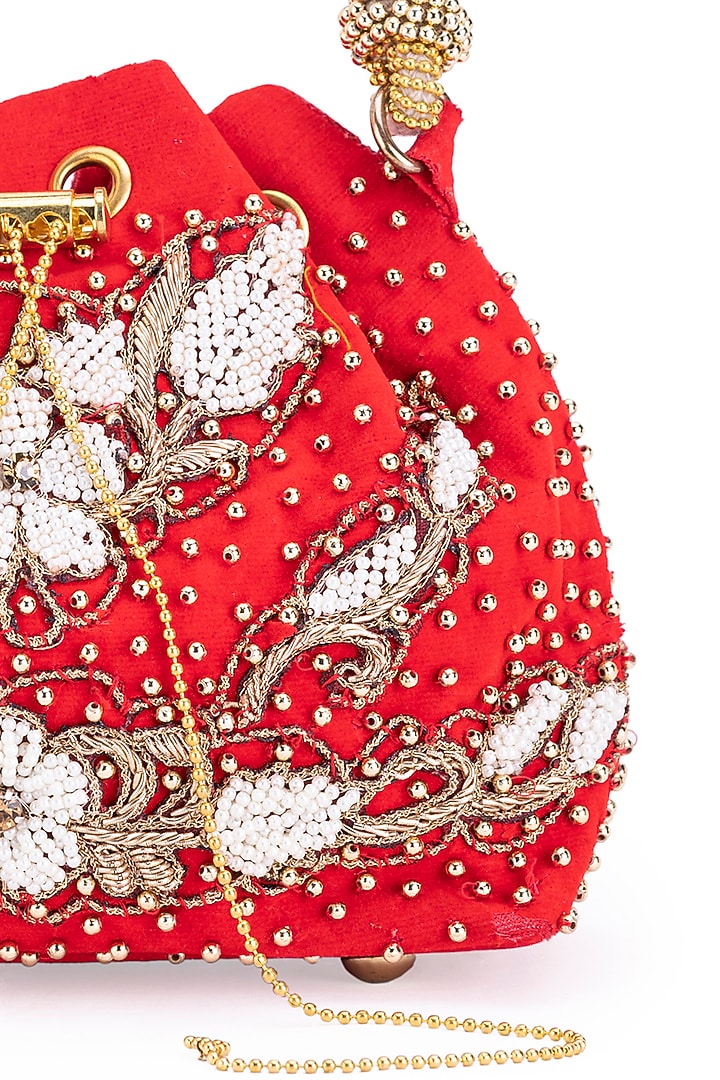 Red Velvet Pearl & Gota Hand Embroidered Potli by 5 Elements at Pernia's Pop Up Shop