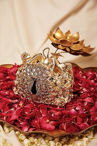 Gold Leather Pearl & Gota Hand Embroidered Potli by 5 Elements