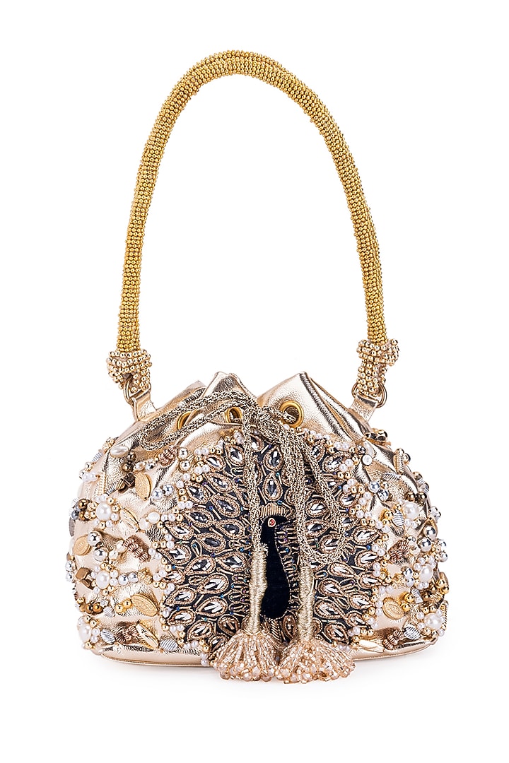 Gold Leather Pearl & Gota Hand Embroidered Potli by 5 Elements at Pernia's Pop Up Shop