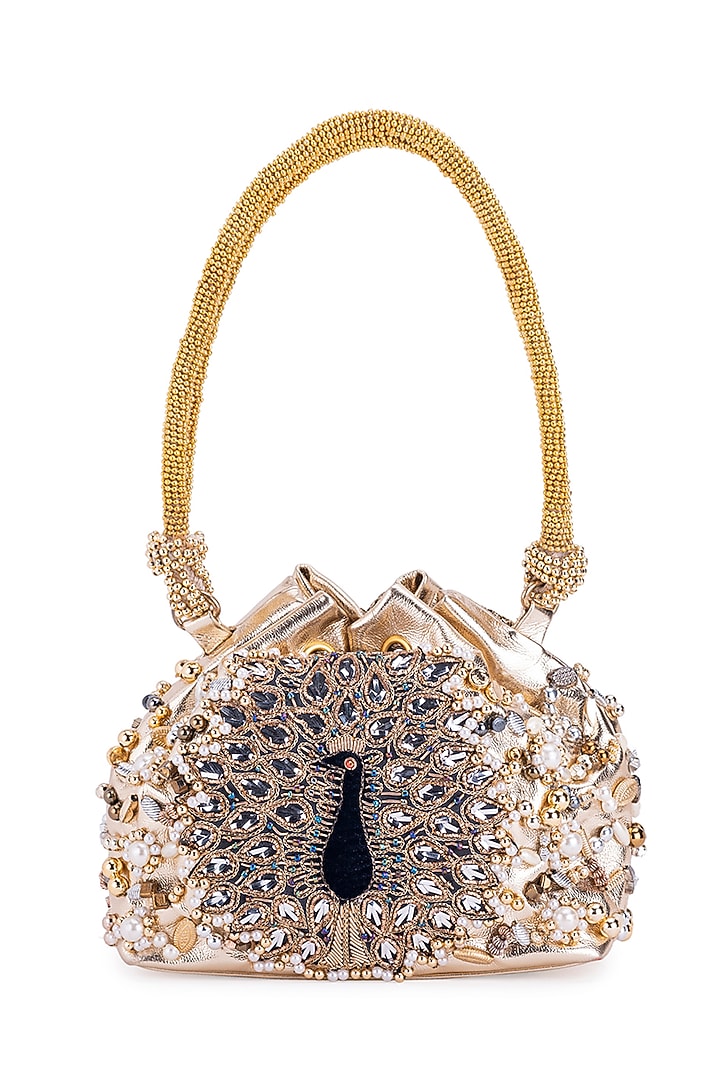 Gold Leather Pearl & Gota Hand Embroidered Potli by 5 Elements at Pernia's Pop Up Shop