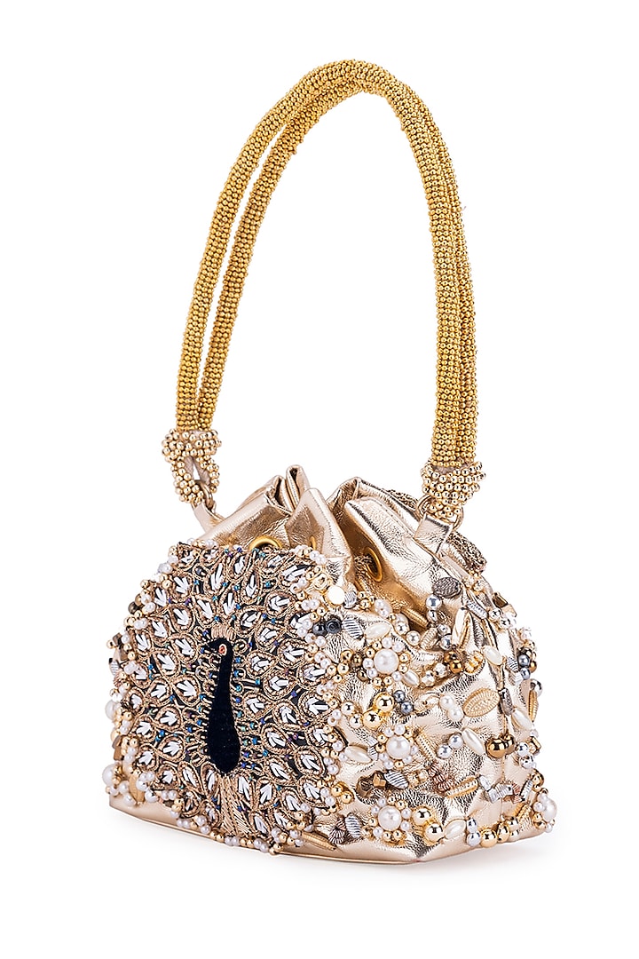 Gold Leather Pearl & Gota Hand Embroidered Potli by 5 Elements at Pernia's Pop Up Shop