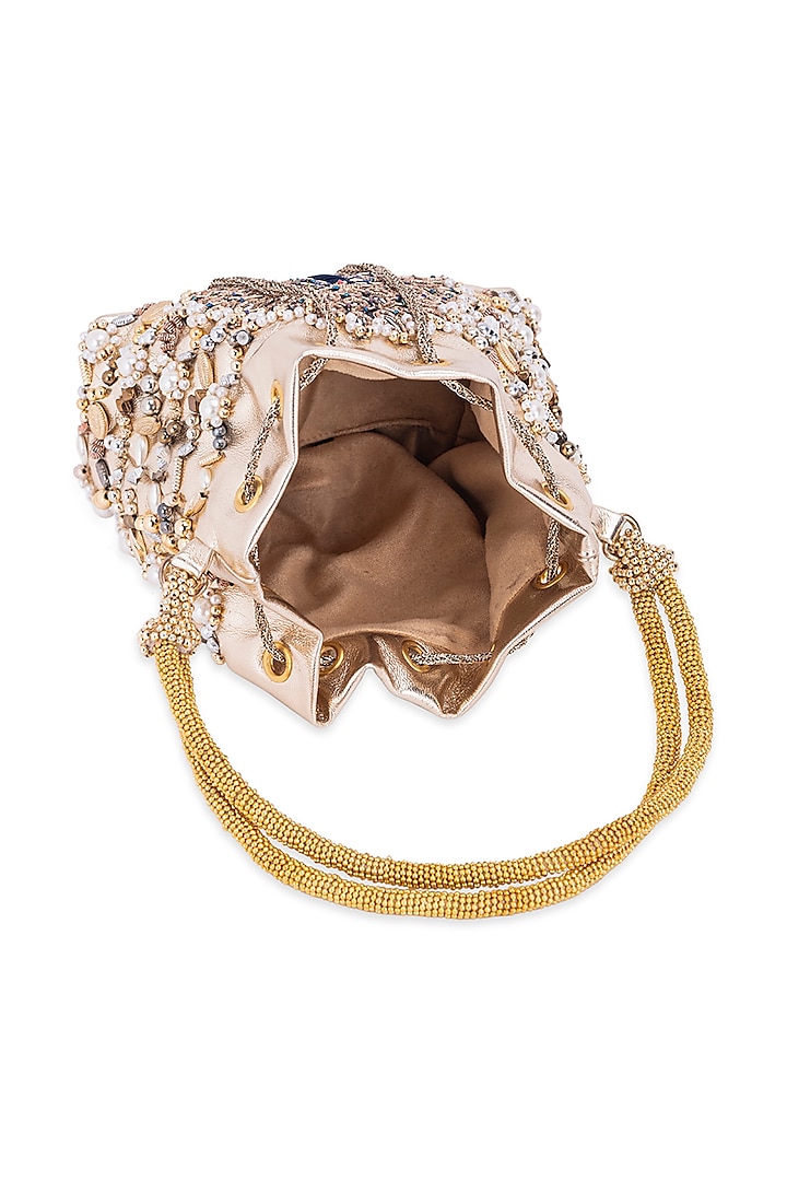 Gold Leather Pearl & Gota Hand Embroidered Potli by 5 Elements at Pernia's Pop Up Shop