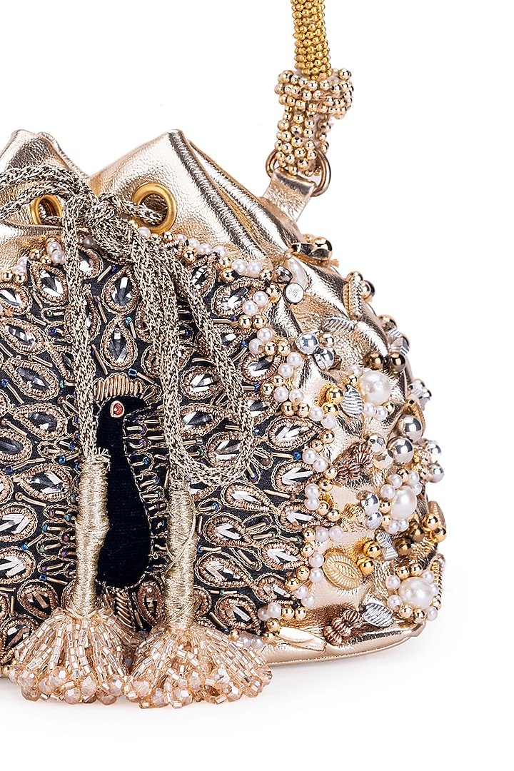 Gold Leather Pearl & Gota Hand Embroidered Potli by 5 Elements at Pernia's Pop Up Shop