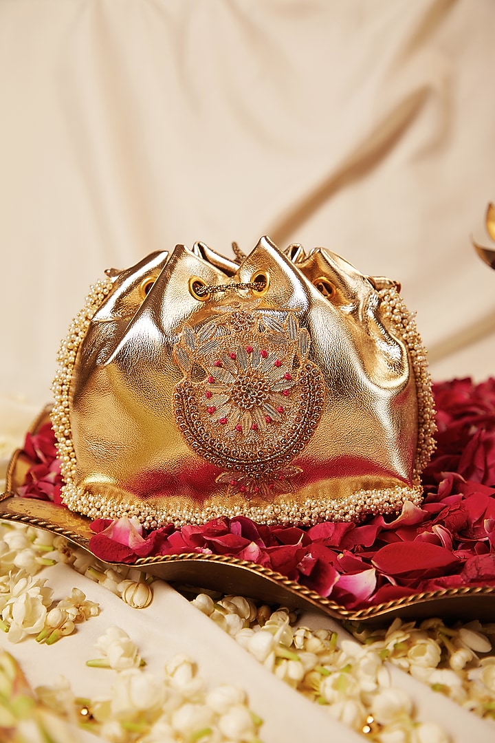 Gold Leather Gota Hand Embroidered Potli by 5 Elements at Pernia's Pop Up Shop
