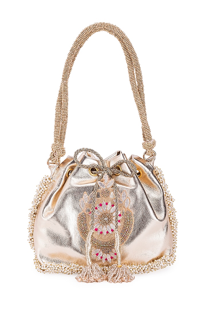 Gold Leather Gota Hand Embroidered Potli by 5 Elements at Pernia's Pop Up Shop