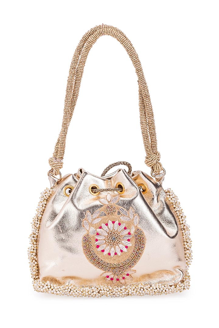 Gold Leather Gota Hand Embroidered Potli by 5 Elements at Pernia's Pop Up Shop