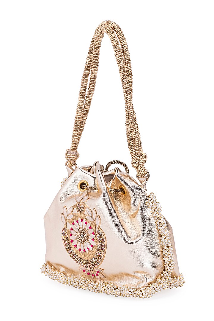 Gold Leather Gota Hand Embroidered Potli by 5 Elements at Pernia's Pop Up Shop