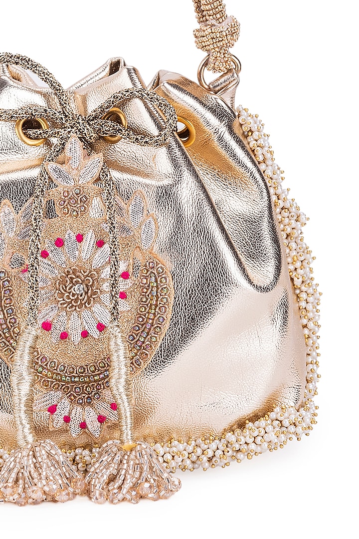 Gold Leather Gota Hand Embroidered Potli by 5 Elements at Pernia's Pop Up Shop