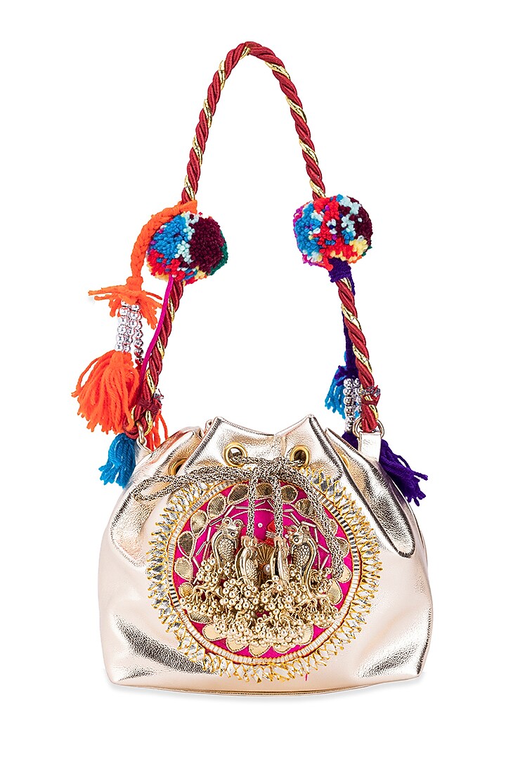 Gold Leather Gota Hand Embroidered Potli by 5 Elements at Pernia's Pop Up Shop