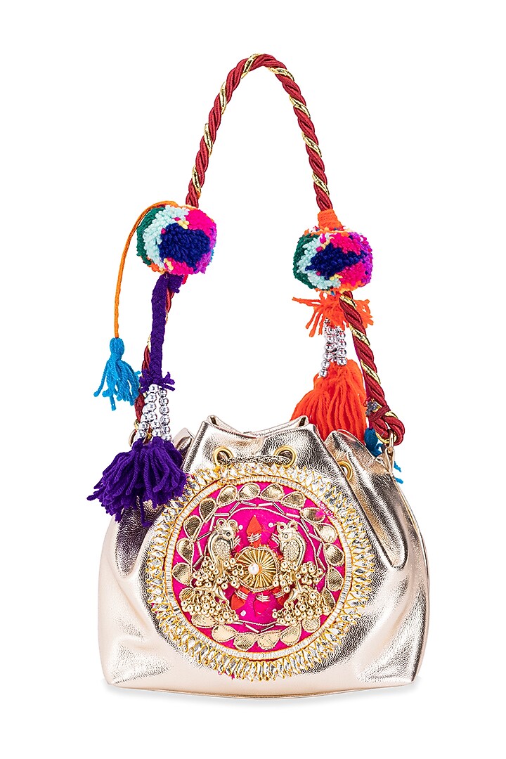 Gold Leather Gota Hand Embroidered Potli by 5 Elements at Pernia's Pop Up Shop