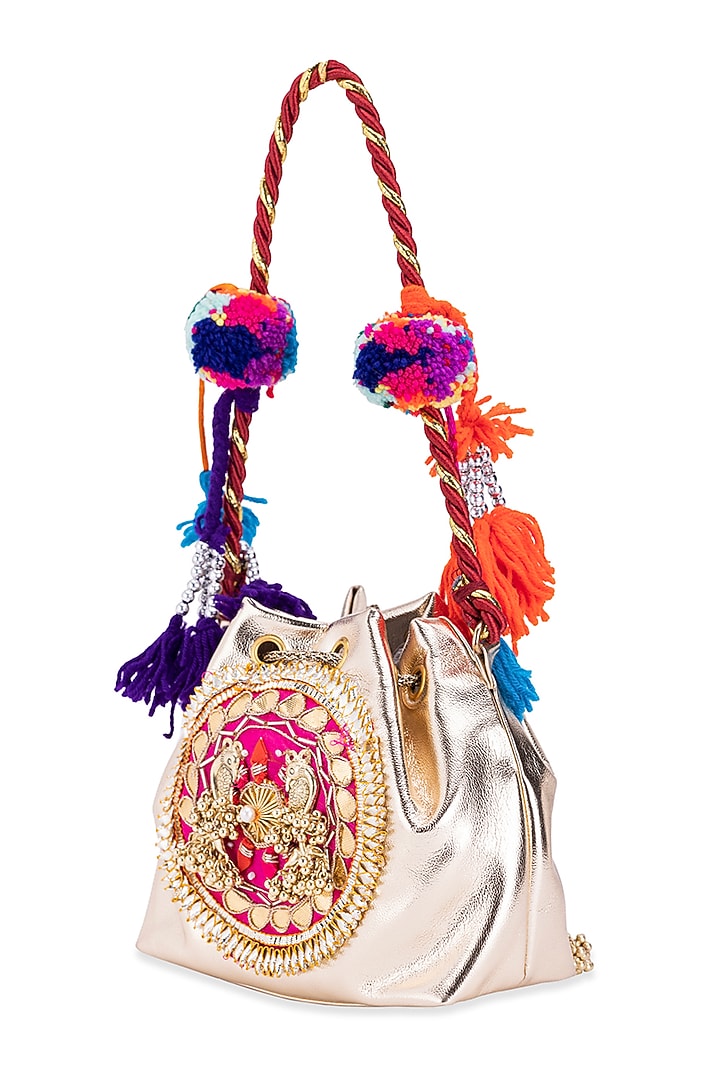 Gold Leather Gota Hand Embroidered Potli by 5 Elements at Pernia's Pop Up Shop