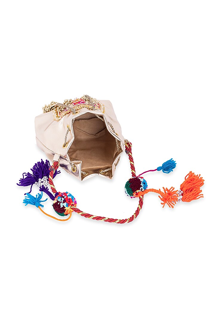 Gold Leather Gota Hand Embroidered Potli by 5 Elements at Pernia's Pop Up Shop