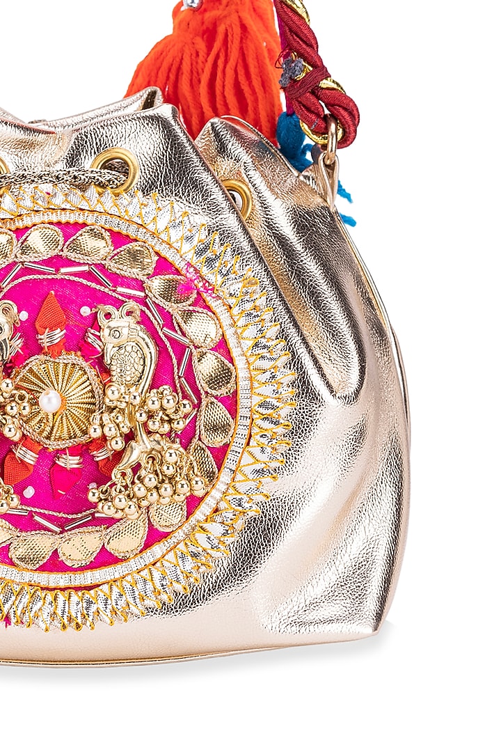 Gold Leather Gota Hand Embroidered Potli by 5 Elements at Pernia's Pop Up Shop